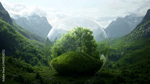 Obraz na płótnie Pixelated Forest Landscape With Transparent Sphere w salonie