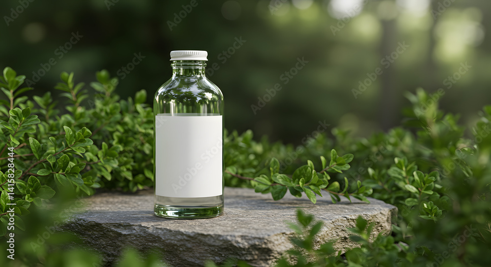 Clear glass bottle mockup with blank label, placed on stone slab with green leaves, eco-friendly vibe
