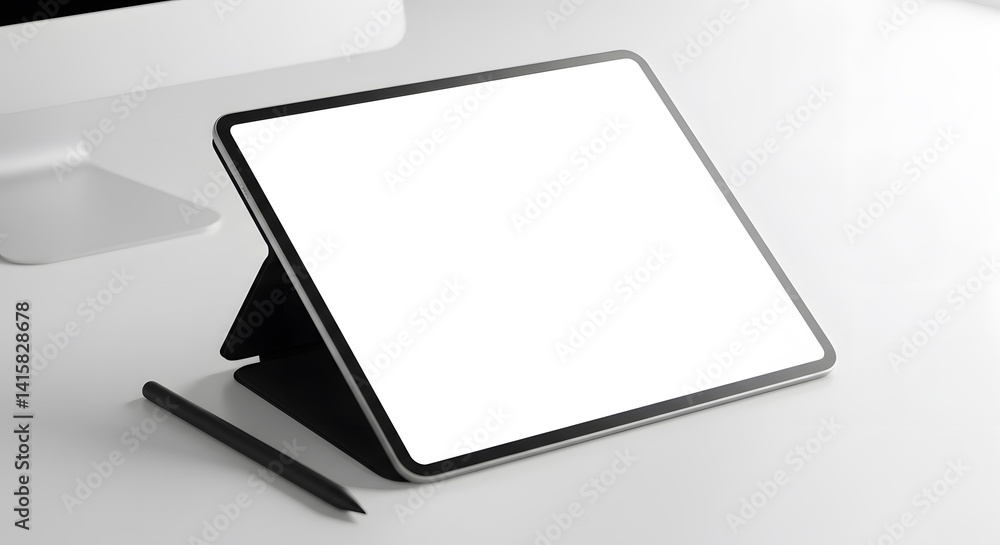 Blank tablet screen mockup on clean desk with stylus pen and digital workspace elements Blank tablet screen mockup on clean desk with stylus pen and digital workspace elements