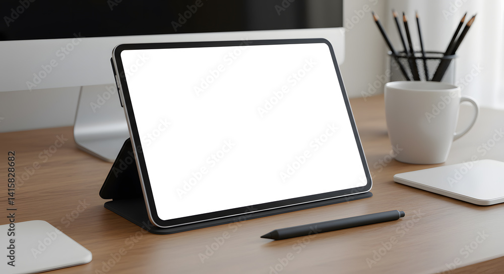 Fototapeta premium Blank tablet screen mockup on clean desk with stylus pen and digital workspace elements