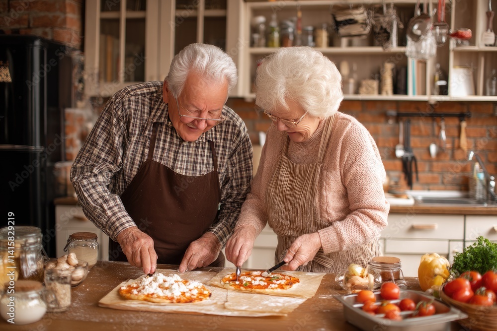 Elderly couple baking and enjoying pizza together at home Elderly couple baking and enjoying pizza together at home