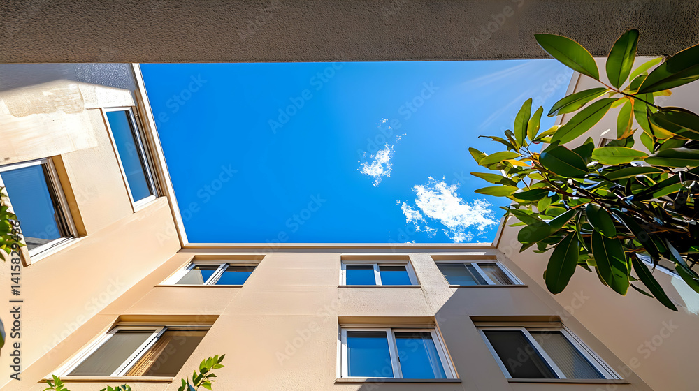 Sunny Courtyard With Beige Building And Blue Sky