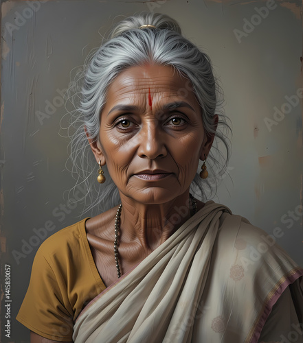 Elderly South Indian Woman – Rustic Oil Painting with Textured Brushstrokes and Soulful Expression