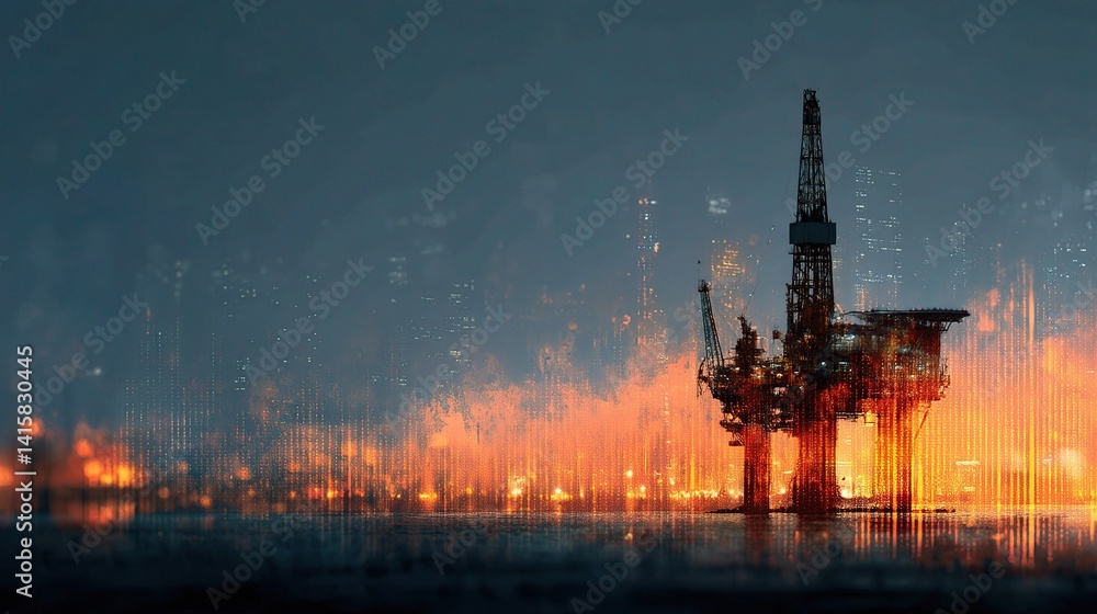 Obraz premium Oil Platform Silhouette Against City Skyline at Dusk with Glow