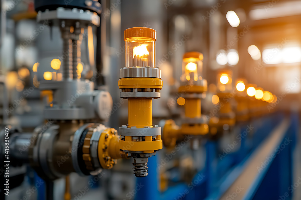 Industrial piping with illuminated components: A close-up of a series of pipes and fittings with lights on, showcasing a manufacturing or processing facility. Industrial piping with illuminated components: A close-up of a series of pipes and fittings with lights on, showcasing a manufacturing or processing facility.