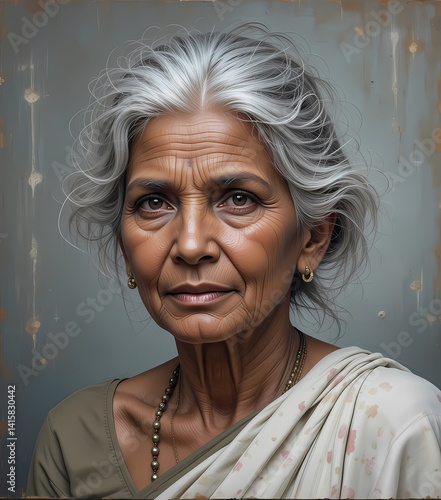 Elderly South Indian Woman – Rustic Oil Painting with Textured Brushstrokes and Soulful Expression