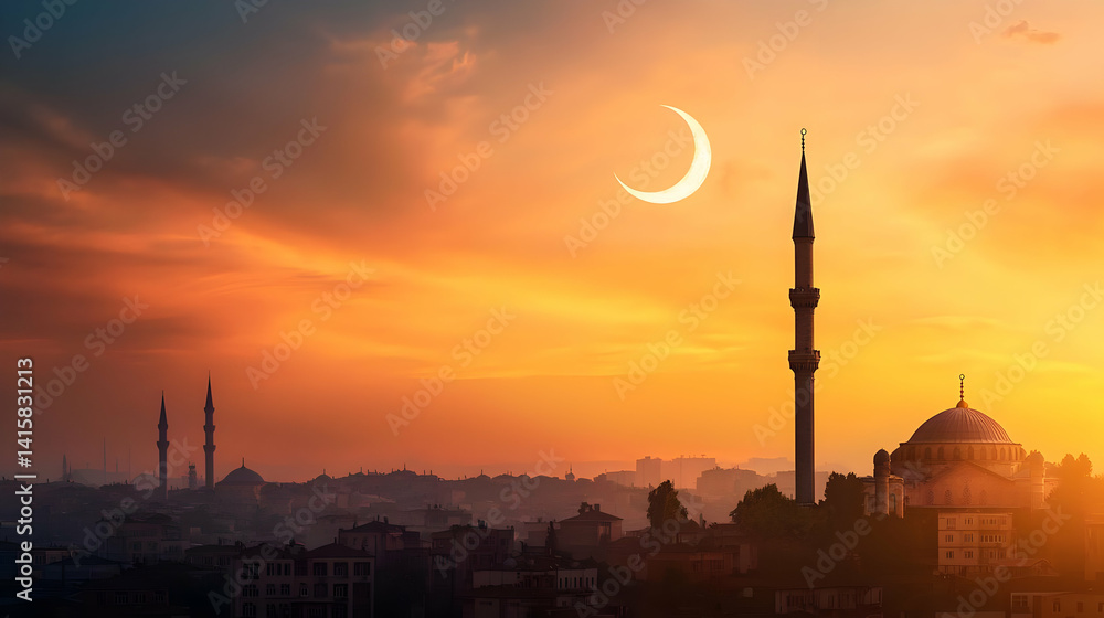 Mosque Silhouette At Sunset In Cityscape