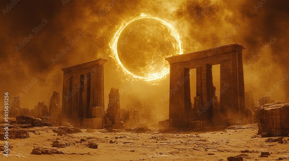 Naklejka premium Fiery solar eclipse over ancient desert ruins.