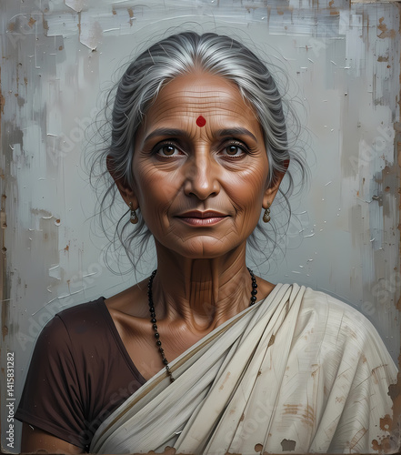 Elderly South Indian Woman – Rustic Oil Painting with Textured Brushstrokes and Soulful Expression