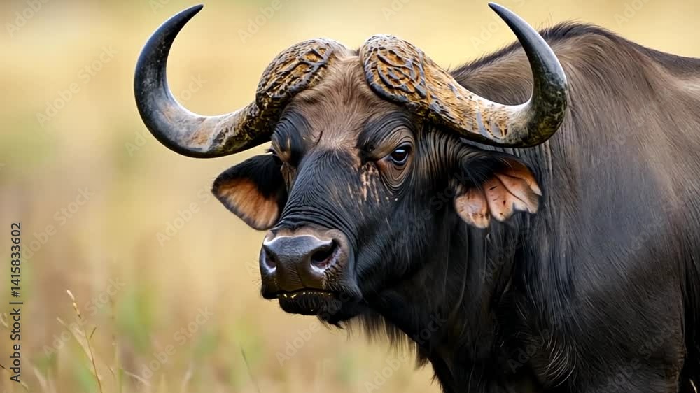 Close-up of a majestic buffalo grazing in a golden grassland under a clear blue sky Close-up of a majestic buffalo grazing in a golden grassland under a clear blue sky