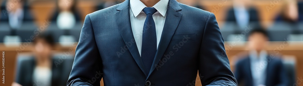 Professional Man in Suit Speaking at Formal Event with Audience Attention in Background Conveys Leadership and Confidence Professional Man in Suit Speaking at Formal Event with Audience Attention in Background Conveys Leadership and Confidence