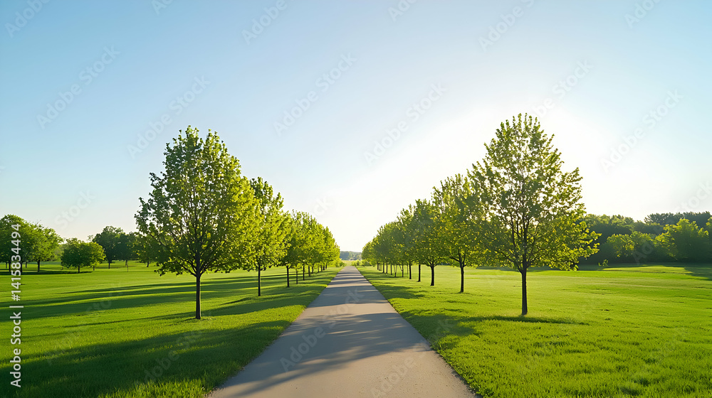 Sunlit Pathway Through Lush Green Parkland