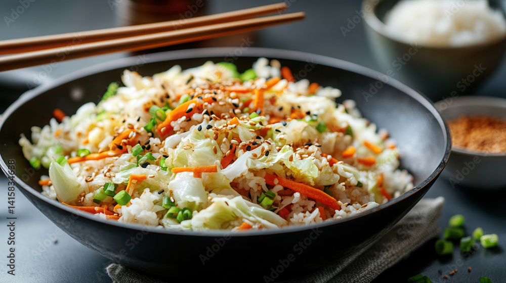 Stir-fried cabbage and carrots served with steamed rice in a modern kitchen environment Stir-fried cabbage and carrots served with steamed rice in a modern kitchen environment