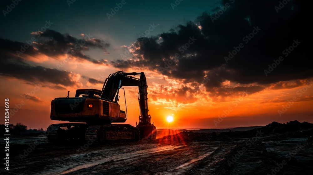 Excavator at Sunset Heavy Equipment Working on Construction Site Excavator at Sunset Heavy Equipment Working on Construction Site