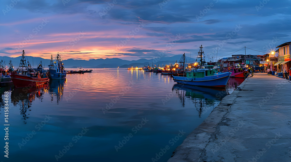Colorful Fishing Boats At Sunset Harbor Pier