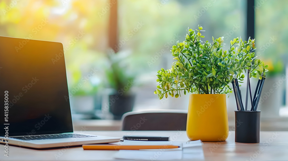 Modern Office Workspace With Laptop And Plant