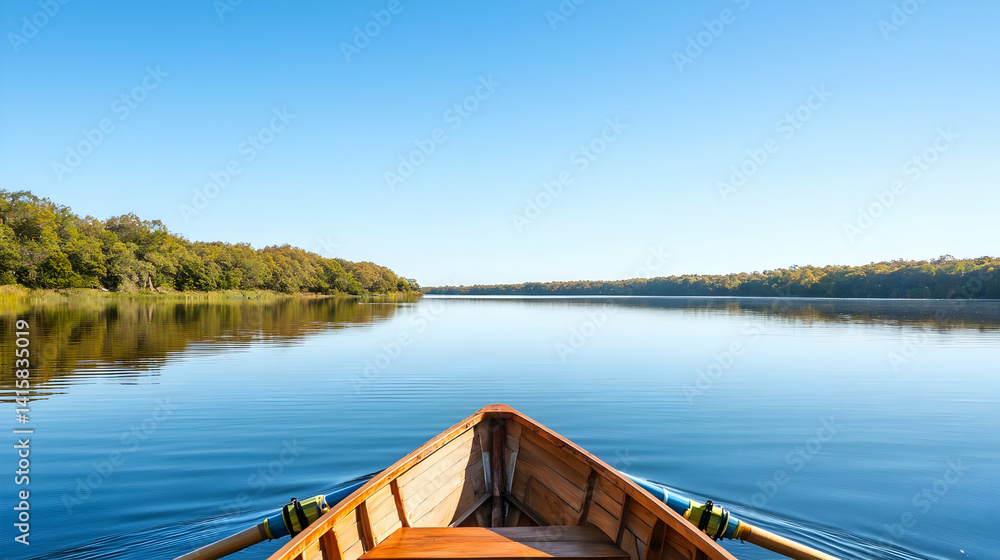 Wooden Rowboat On Calm Lake With Forest View