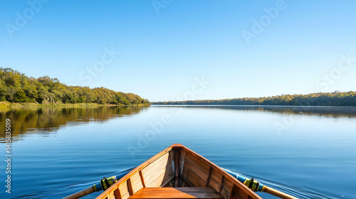 Obraz na płótnie Wooden Rowboat On Calm Lake With Forest View w salonie