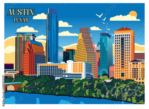 austin texas poster cityscape illustration