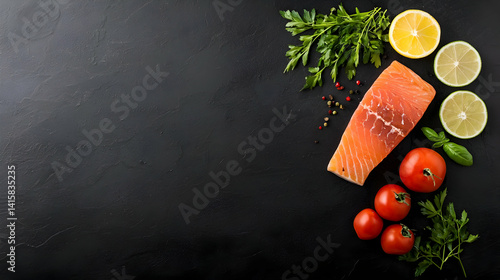Fresh Salmon Fillet with Vegetables and Herbs on Dark Stone Background