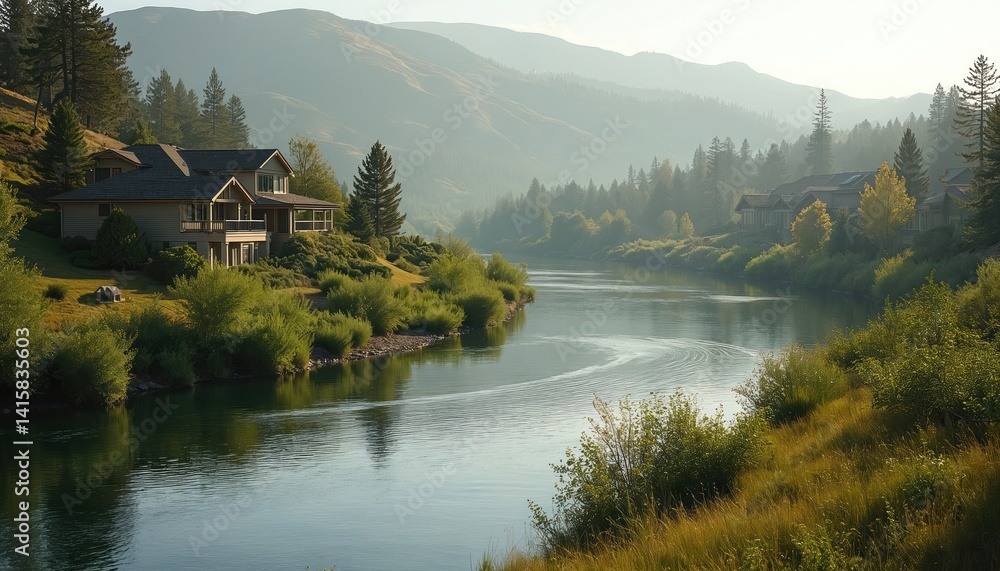Fototapeta premium Luxury homes located at Deschutes River in Bend Oregon. Houses near river. Sunny summer day. Nature landscape. Reflection of houses in water. Houses are surrounded by trees and green grass. Tourism.