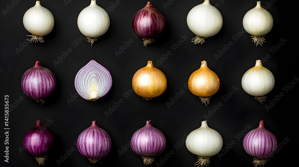 Assorted Colorful Onions Arranged On A Black Background