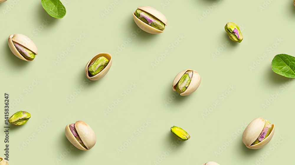 Pistachios Arranged On Light Green Background