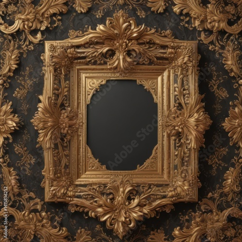 Intricate gold frames on luxurious damask, floral motifs ,  fabric,  art
