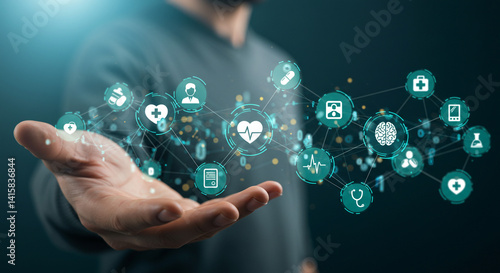 Wallpaper Mural Person displays connected healthcare network digital health icons medical data telehealth future of Torontodigital.ca