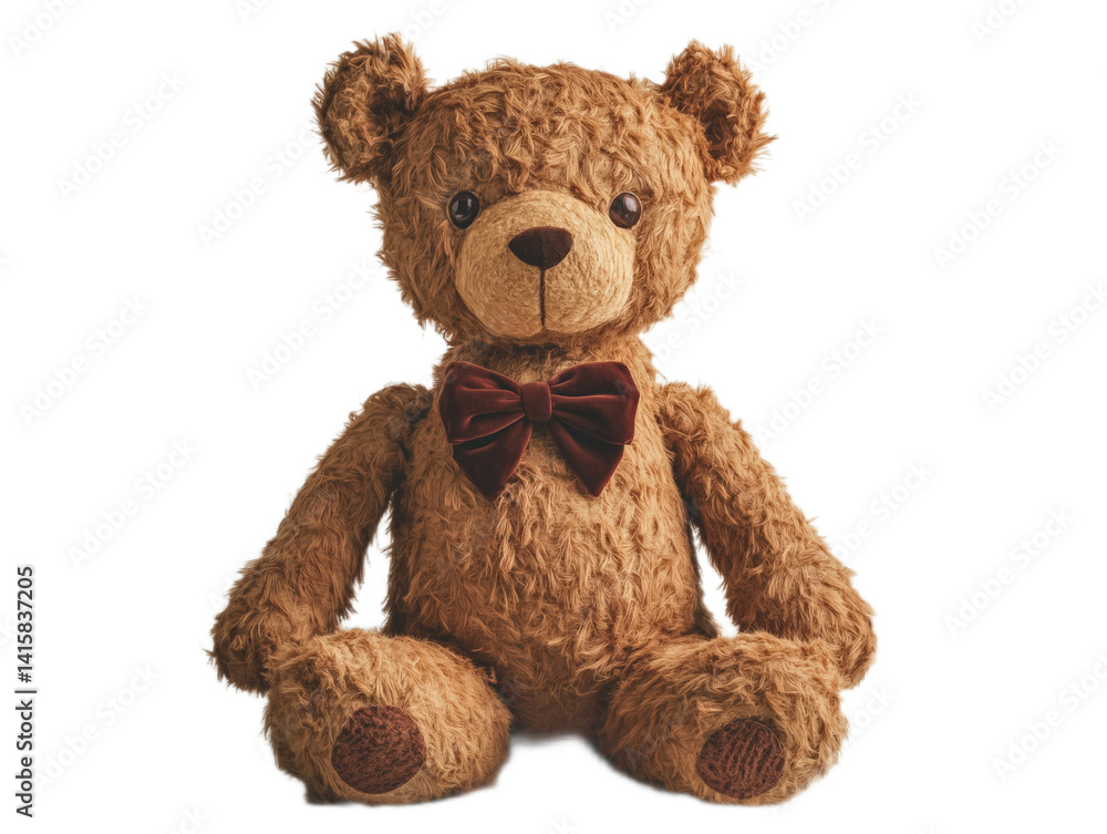 Obraz premium Soft caramel-brown teddy bear with a velvet bowtie, embroidered eyes, and a textured faux-fur body, sitting upright.