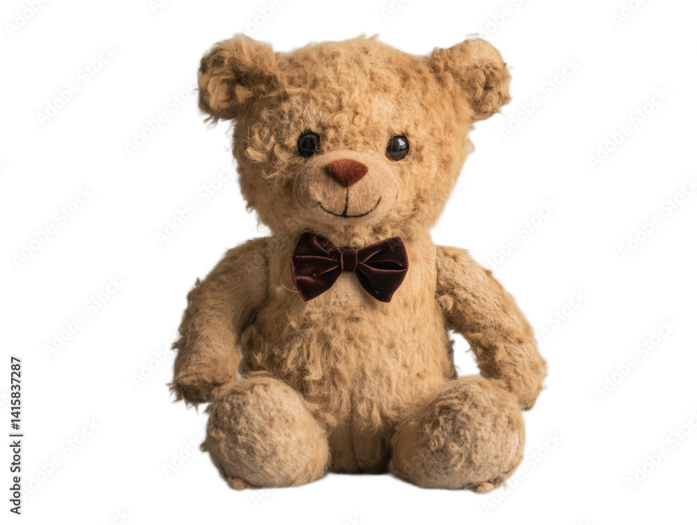 Obraz premium Soft caramel-brown teddy bear with a velvet bowtie, embroidered eyes, and a textured faux-fur body, sitting upright.
