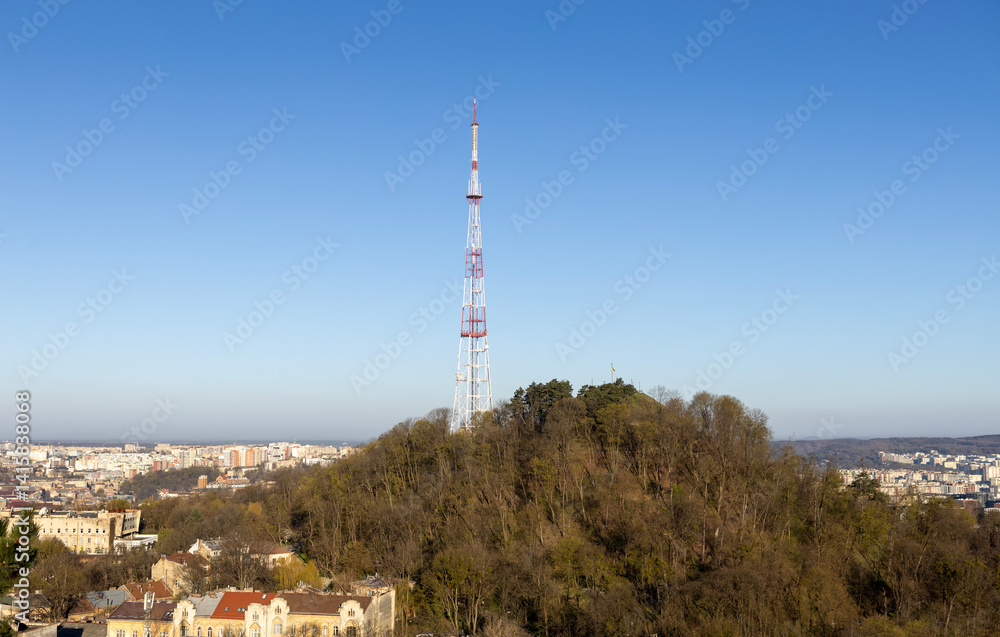 Lviv TV tower on the High Castle mountain and the old town of Lviv
