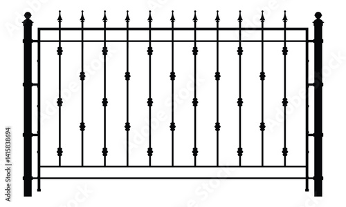 Symmetrical double wrought iron gates with ornate scrollwork, vertical bars, and repeating motifs. Classic, elegant black-and-white vector illustration, front view. Traditional craftsmanship