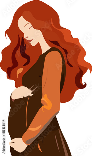 pregnant redheaded woman on a walk stroking her belly