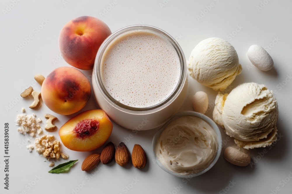 Fresh Peaches and Ice Cream Ingredients on a Light Background Fresh Peaches and Ice Cream Ingredients on a Light Background