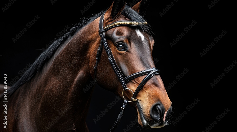 A brown horse with a black bridle and a gold band around its head