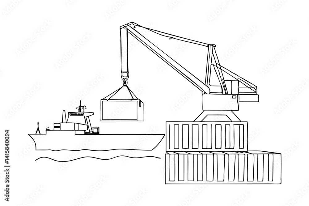 set of Continuous one line drawing of Crane lifting container with cargo ship on shipping port, vector illustration set of Continuous one line drawing of Crane lifting container with cargo ship on shipping port, vector illustration