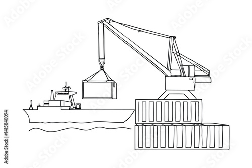 set of Continuous one line drawing of Crane lifting container with cargo ship on shipping port, vector illustration 