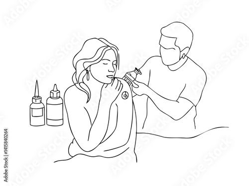Tattoo artist applying tattoo on woman skin, tattoo shop interior, vector