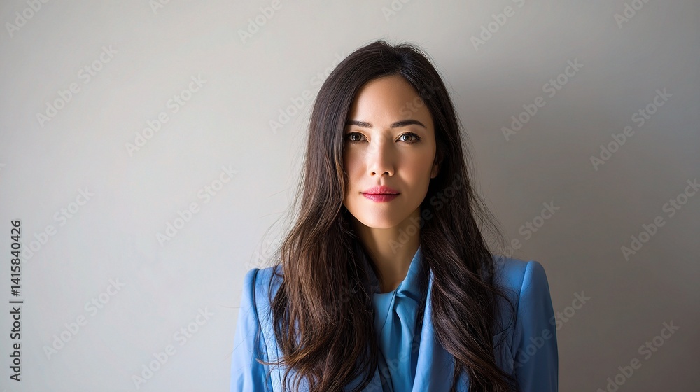 Fototapeta premium Elegant Asian Businesswoman in Blue Attire with Long Dark Hair