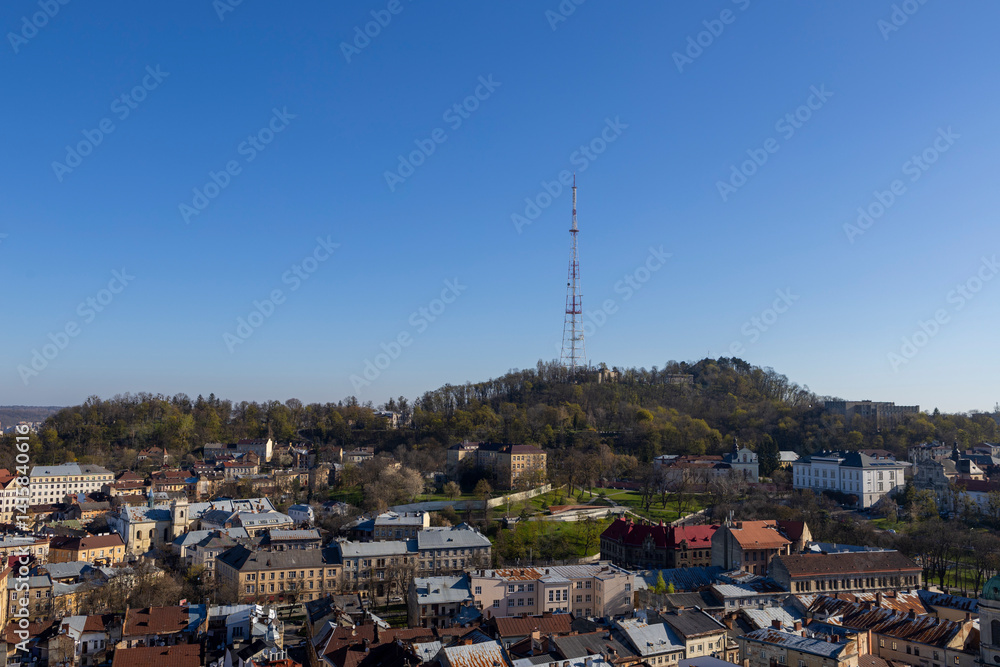 Lviv TV tower on the High Castle mountain and the old town of Lviv