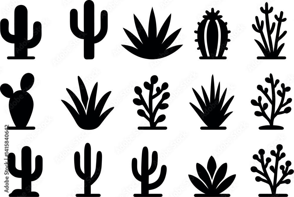 Fototapeta premium Desert silhouettes: A collection of cacti, succulents, and other desert plant silhouettes, perfect for adding a touch of desert charm to your designs.