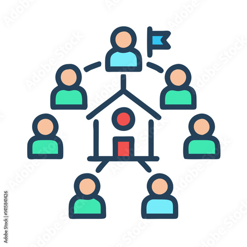 Decentralized organization icon with leader, house, and team