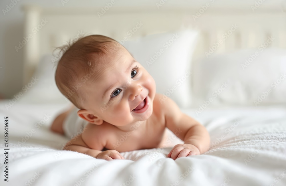 Adorable baby lies on stomach smiling. Infant develops neck control, strengthens muscles on white bed. Tummy time concept for happy, joyful child. Baby smiling, looking camera.