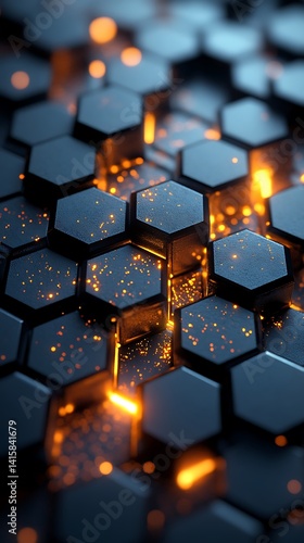 Futuristic Hex Pattern Phone Wallpaper – Black Texture with Glowing Edges & Sparks | Vertical HD Mobile Tech Background

