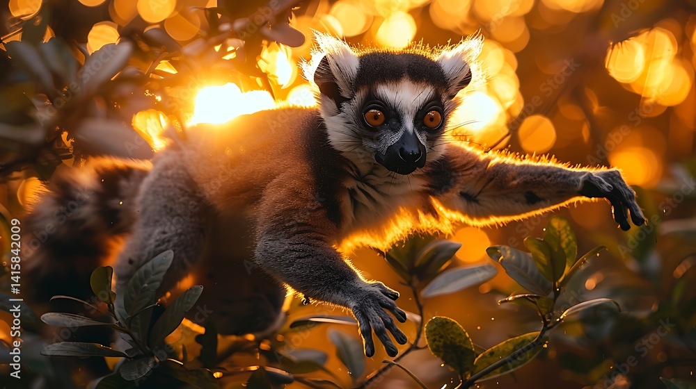 Obraz premium Lemur Leaping From Tree To Tree With Glowing Jungle Sunburst Behind, Agile Frozen Motion