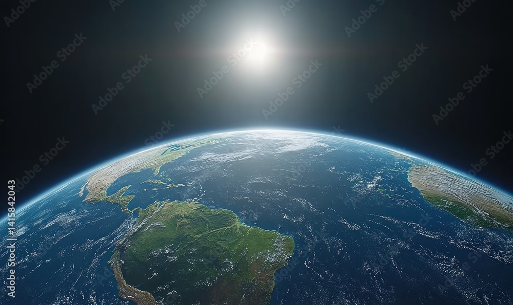 Fototapeta premium Sun rising over Earth, showing North and South America, clouds, and oceans.