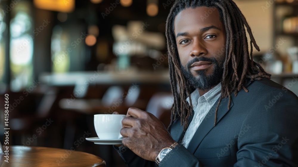 A man with dreadlocks is sitting at a table with a white coffee cup in his hand A man with dreadlocks is sitting at a table with a white coffee cup in his hand