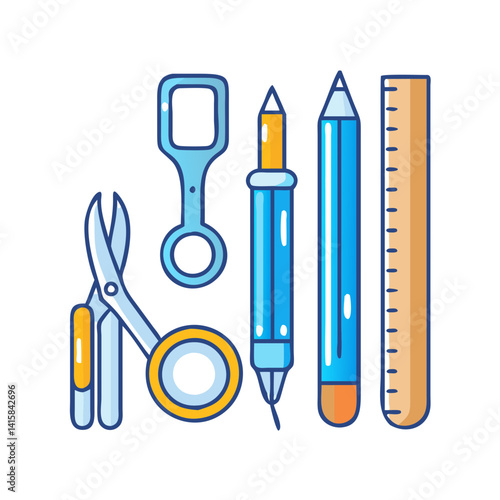 Cartoon school supplies on a black background, art