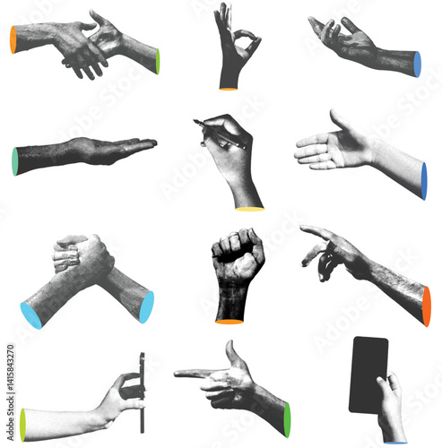 Vintage style halftone hand gestures multiple collection, eps vector 10. Fist, handshake, smartphone in hand, editable design elements 